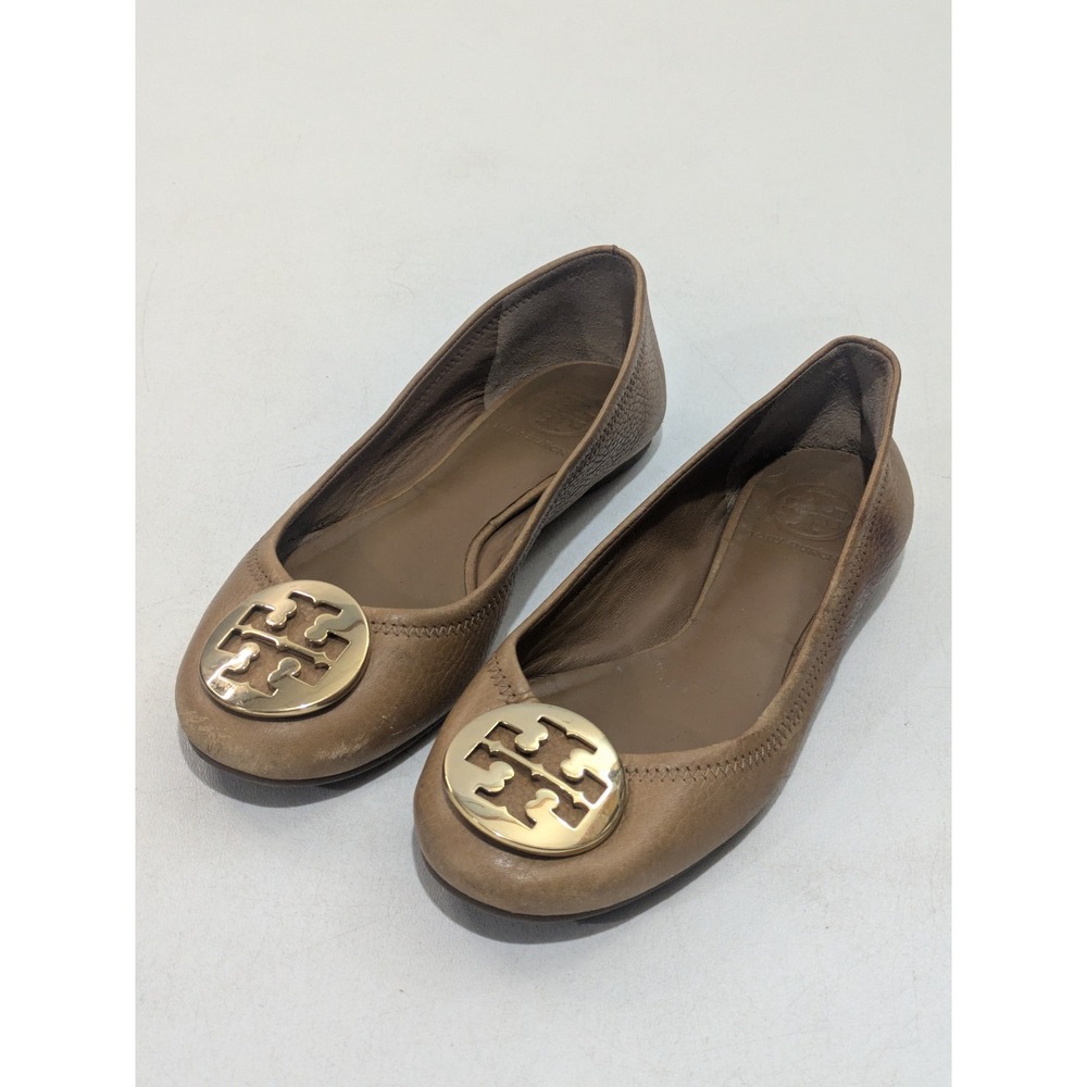 Tory Burch‎ Chelsea Ballet Flats Gold Logo Tan Leather Slip On Shoes Women's 6M